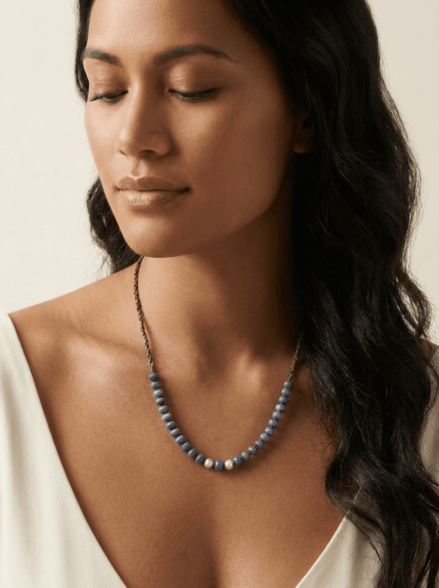 Freshwater Pearl & Dumortierite Necklace — on model
