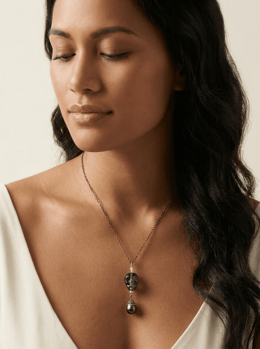 Tahitian Pearl & Skull Necklace — on model